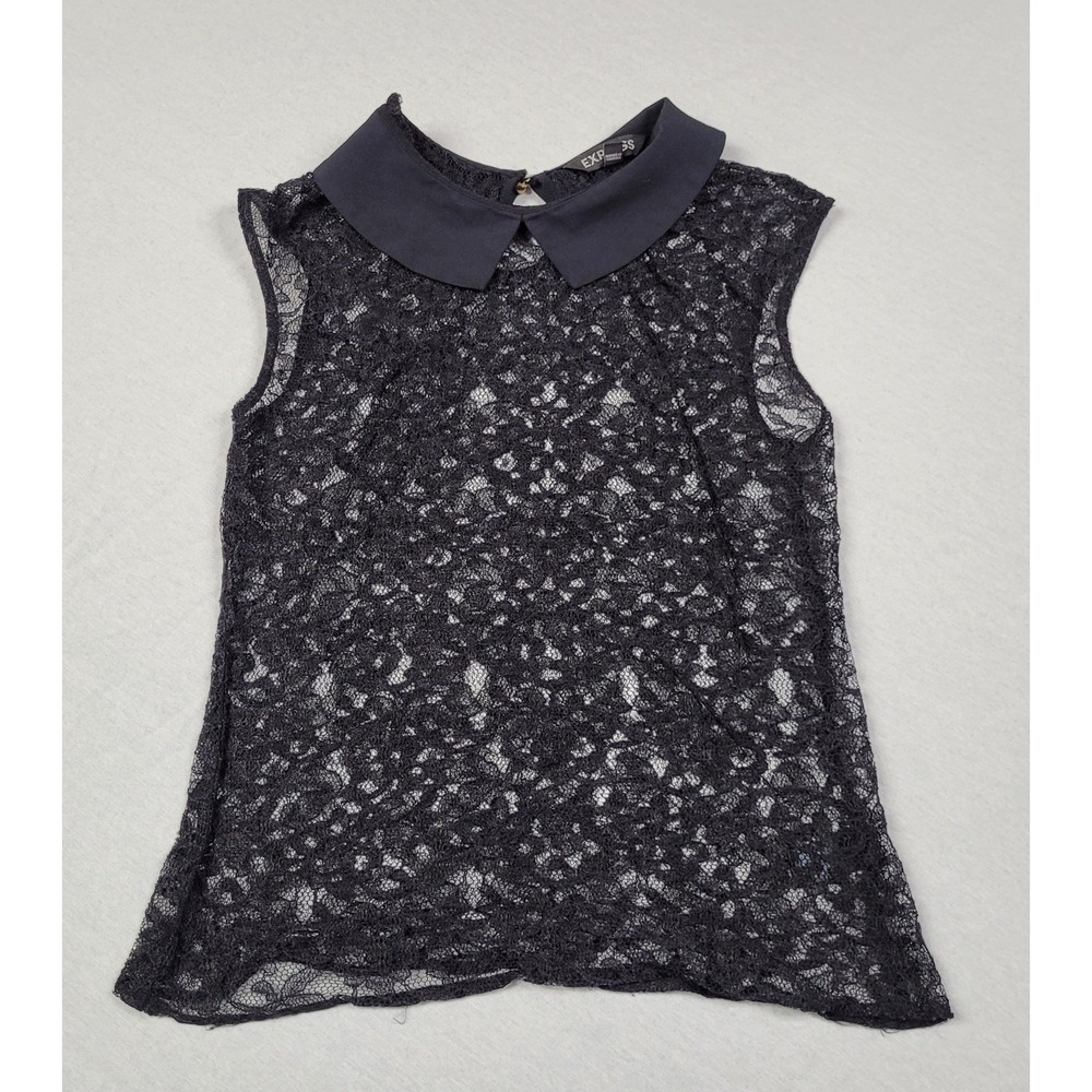Express Women's Size XS Sheer Black Floral Lace Sleeveless Collared Blouse